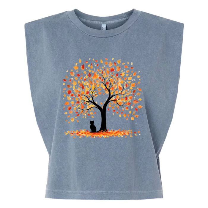 Artistic Fall Tree With Black Cat Watercolor Gift Garment-Dyed Women's Muscle Tee