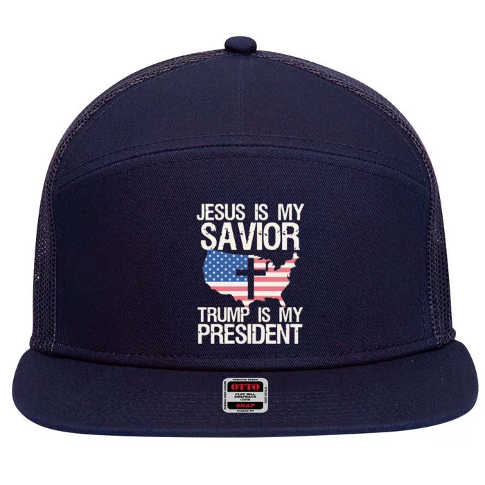 American Flag Tee Jesus Is My Savior Trump Is My President 7 Panel Mesh Trucker Snapback Hat