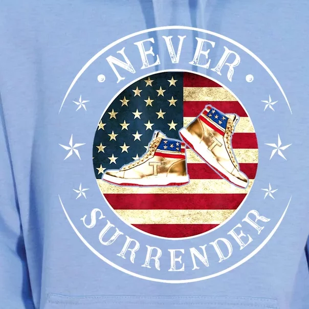 American Flag Trump 2024 Never Surrender Gold Sneakers Gift Unisex Surf Hoodie