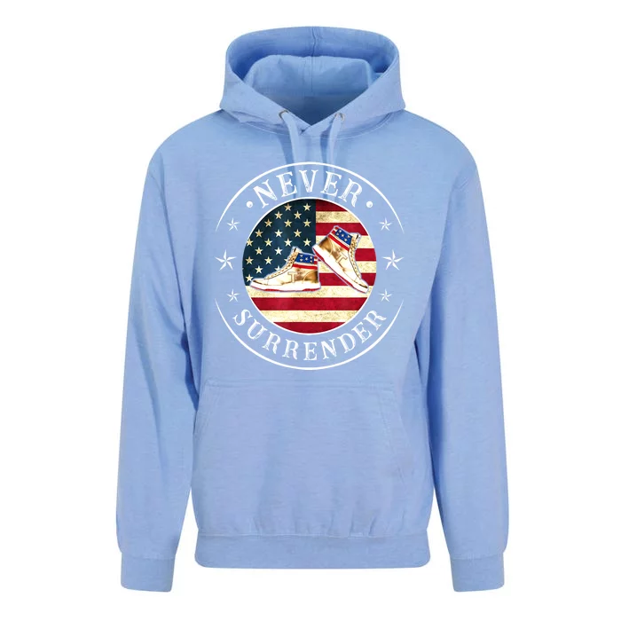 American Flag Trump 2024 Never Surrender Gold Sneakers Gift Unisex Surf Hoodie