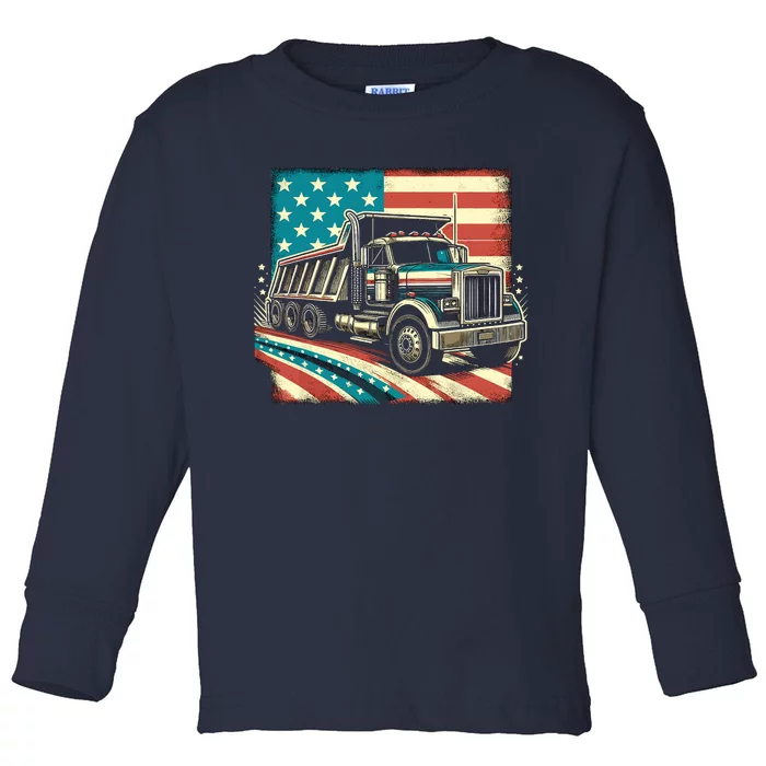 American Flag Trucker Dump Truck Driver Toddler Long Sleeve Shirt