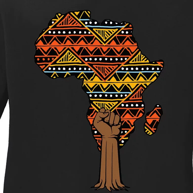 African Fist Tree Kente Map Cool BHM pride Ladies Long Sleeve Shirt