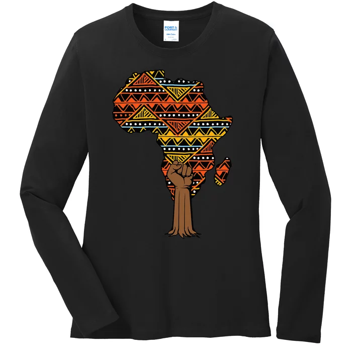 African Fist Tree Kente Map Cool BHM pride Ladies Long Sleeve Shirt