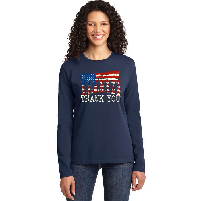 American Flag Thank You Veterans Proud Veteran Ladies Long Sleeve Shirt