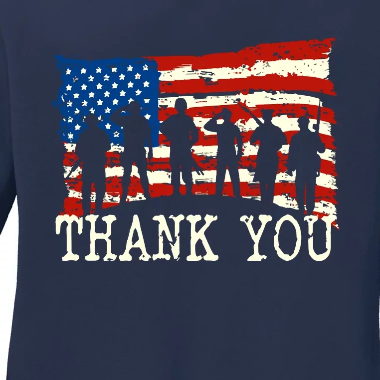 American Flag Thank You Veterans Proud Veteran Ladies Long Sleeve Shirt