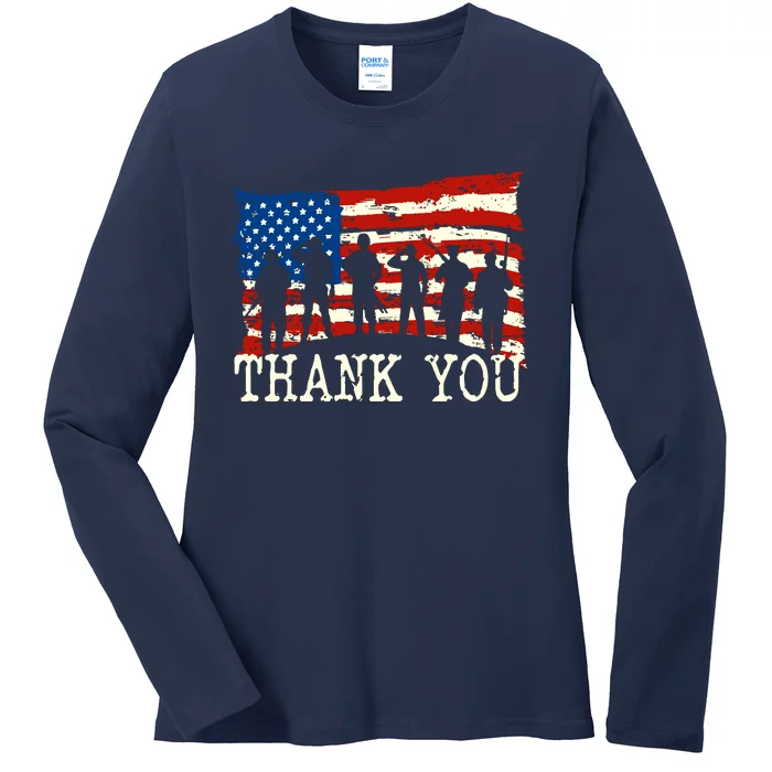 American Flag Thank You Veterans Proud Veteran Ladies Long Sleeve Shirt