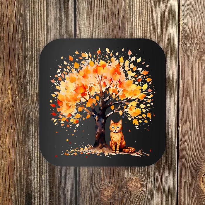 Artistic Fall Tree with Orange Tabby Cat Watercolor Coaster