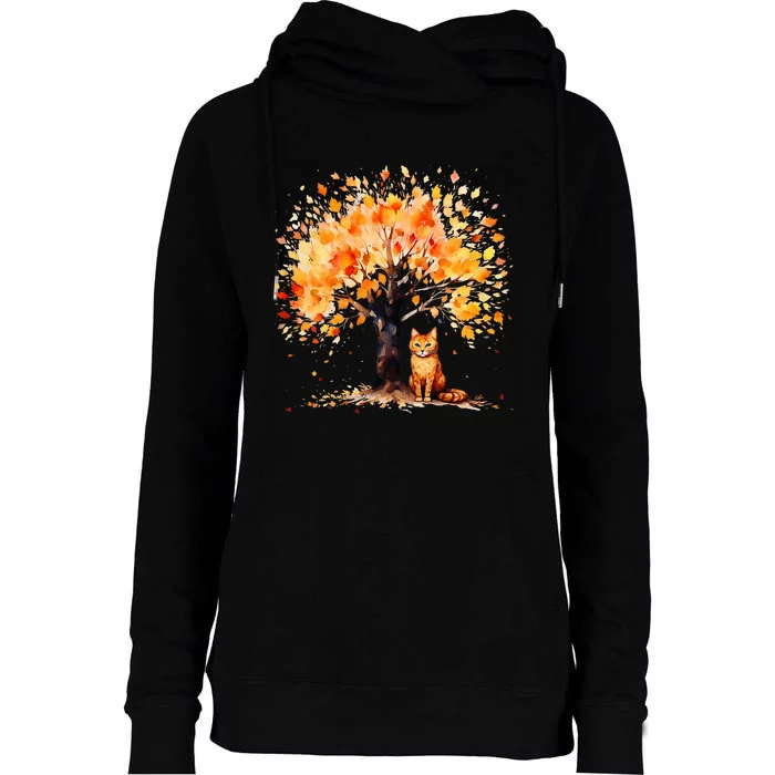 Artistic Fall Tree with Orange Tabby Cat Watercolor Womens Funnel Neck Pullover Hood