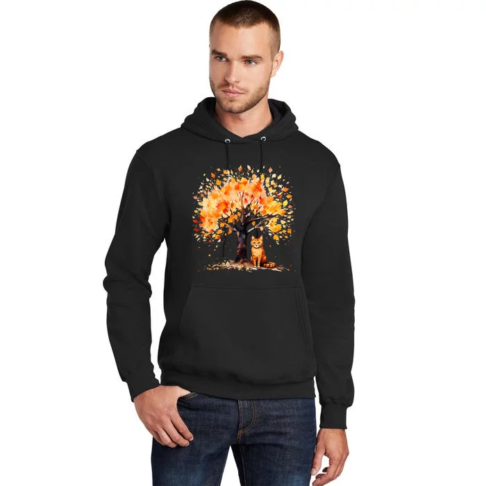 Artistic Fall Tree with Orange Tabby Cat Watercolor Tall Hoodie