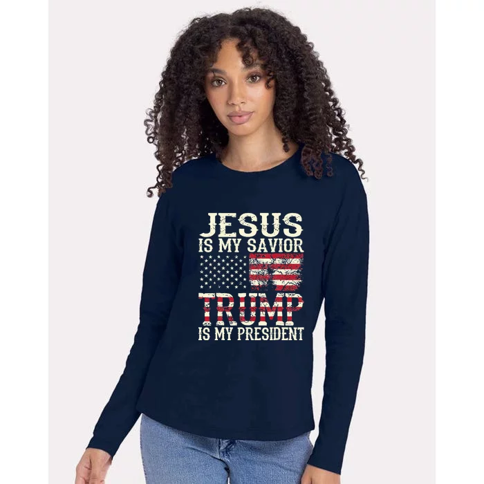 American Flag Tee Jesus Is My Savior Trump Womens Cotton Relaxed Long Sleeve T-Shirt