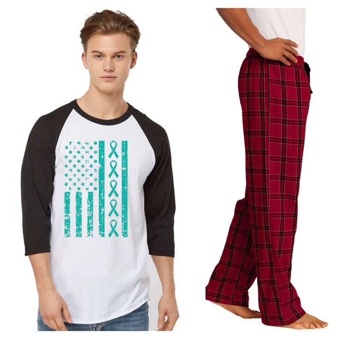 American Flag Teal Ribbon Cool Ovarian Cancer Awareness Gift Raglan Sleeve Pajama Set