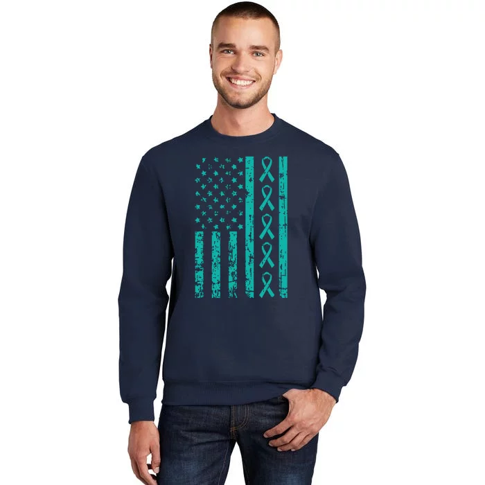 American Flag Teal Ribbon Cool Ovarian Cancer Awareness Gift Tall Sweatshirt