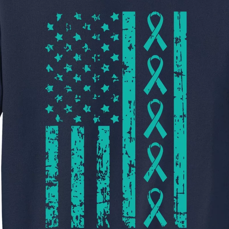 American Flag Teal Ribbon Cool Ovarian Cancer Awareness Gift Tall Sweatshirt