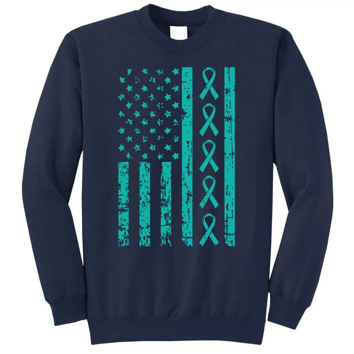 American Flag Teal Ribbon Cool Ovarian Cancer Awareness Gift Tall Sweatshirt