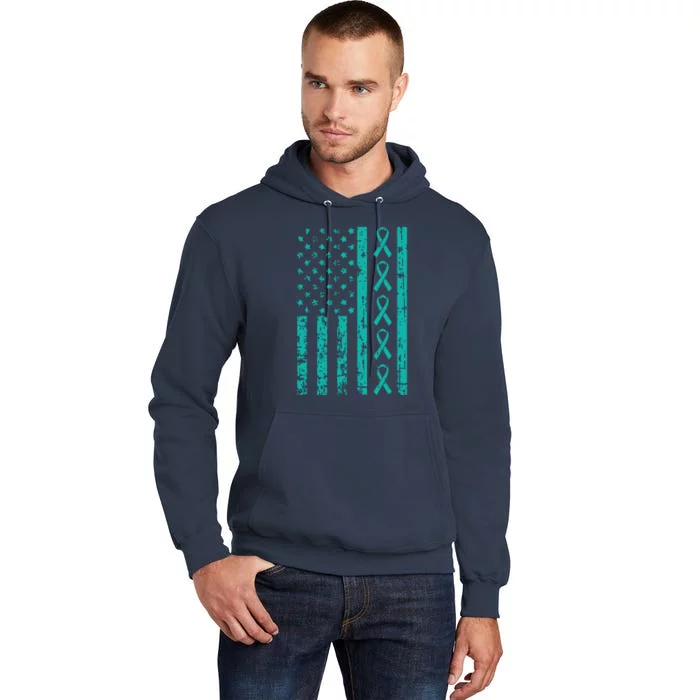 American Flag Teal Ribbon Cool Ovarian Cancer Awareness Gift Tall Hoodie