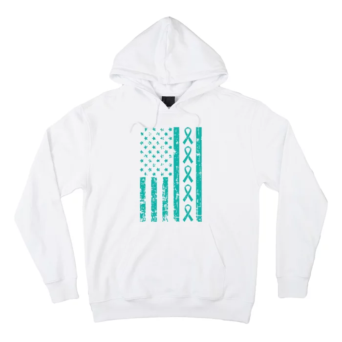 American Flag Teal Ribbon Cool Ovarian Cancer Awareness Gift Hoodie