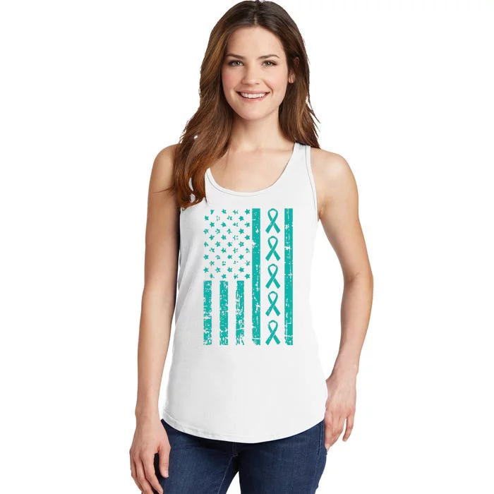 American Flag Teal Ribbon Cool Ovarian Cancer Awareness Gift Ladies Essential Tank