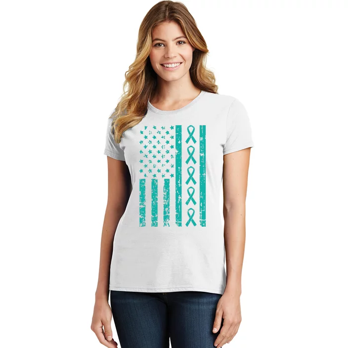 American Flag Teal Ribbon Cool Ovarian Cancer Awareness Gift Women's T-Shirt