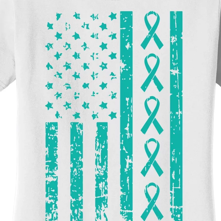 American Flag Teal Ribbon Cool Ovarian Cancer Awareness Gift Women's T-Shirt