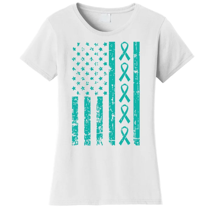 American Flag Teal Ribbon Cool Ovarian Cancer Awareness Gift Women's T-Shirt