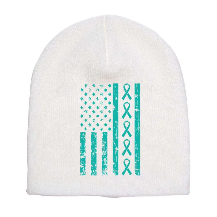 American Flag Teal Ribbon Cool Ovarian Cancer Awareness Gift Short Acrylic Beanie