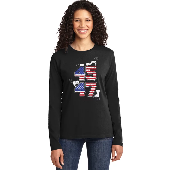 American Flag Trump 45 47 Cats Trump 2024 Ladies Long Sleeve Shirt