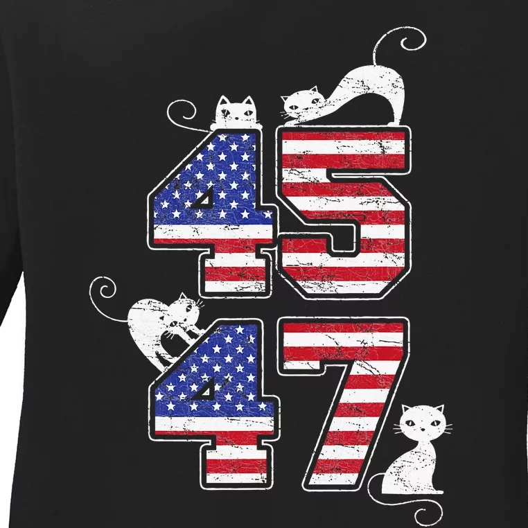 American Flag Trump 45 47 Cats Trump 2024 Ladies Long Sleeve Shirt