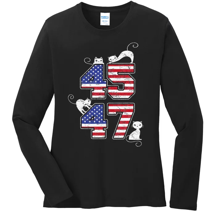 American Flag Trump 45 47 Cats Trump 2024 Ladies Long Sleeve Shirt