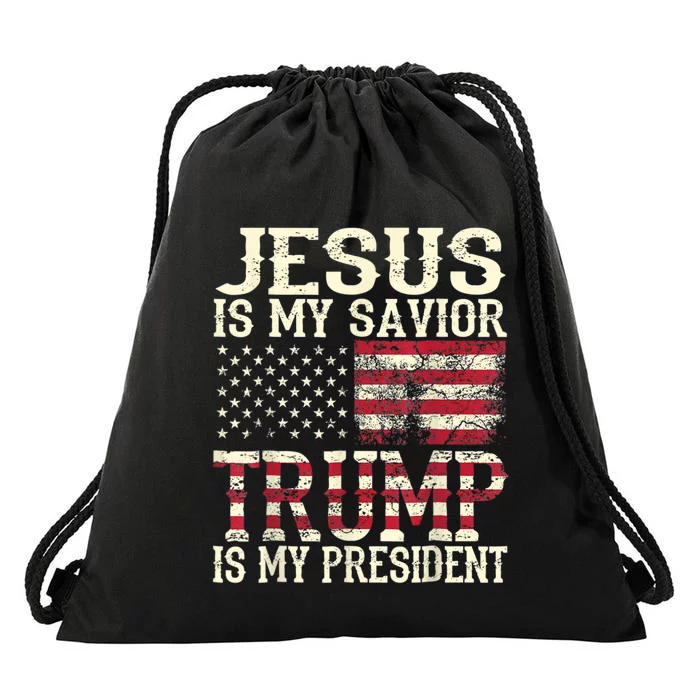 American Flag Tee Jesus Is My Savior Trump Is My President Drawstring Bag