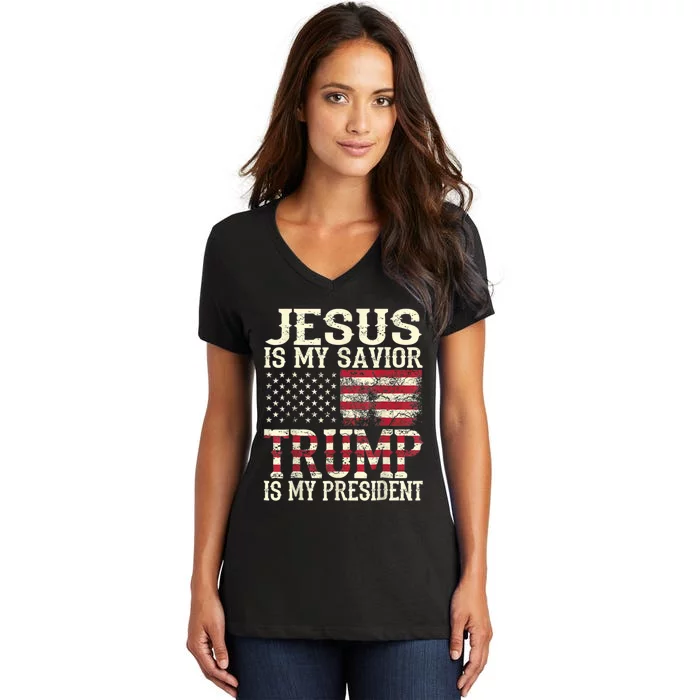 American Flag Tee Jesus Is My Savior Trump Is My President Women's V-Neck T-Shirt