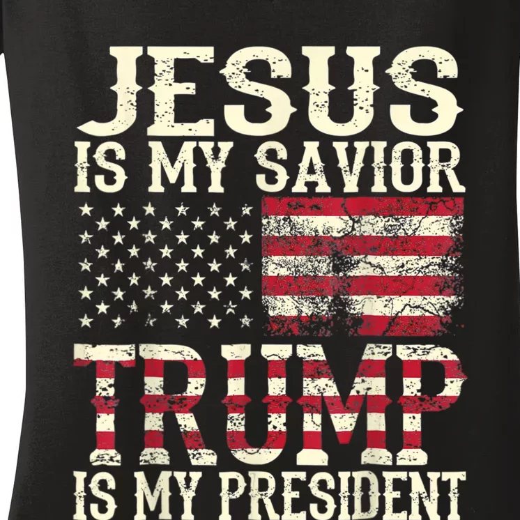 American Flag Tee Jesus Is My Savior Trump Is My President Women's V-Neck T-Shirt