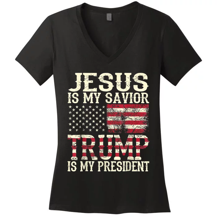 American Flag Tee Jesus Is My Savior Trump Is My President Women's V-Neck T-Shirt