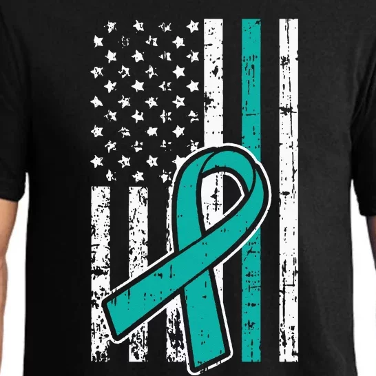 American Flag Teal Ribbon Cool Ovarian Cancer Awareness Gift Pajama Set