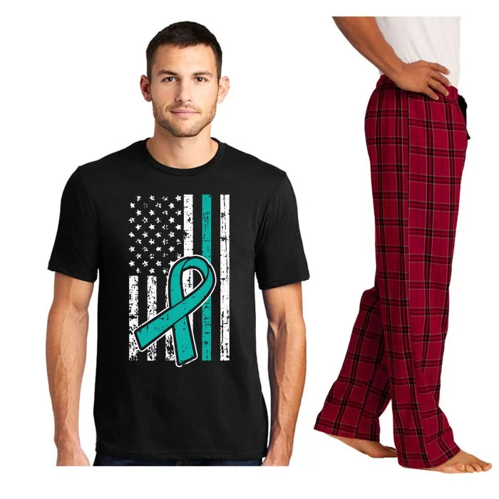 American Flag Teal Ribbon Cool Ovarian Cancer Awareness Gift Pajama Set