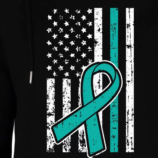 American Flag Teal Ribbon Cool Ovarian Cancer Awareness Gift Womens Funnel Neck Pullover Hood