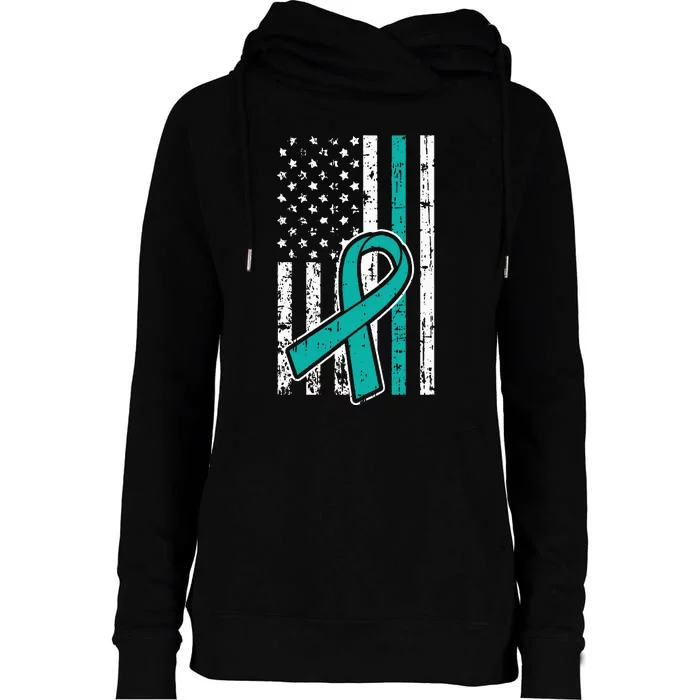 American Flag Teal Ribbon Cool Ovarian Cancer Awareness Gift Womens Funnel Neck Pullover Hood