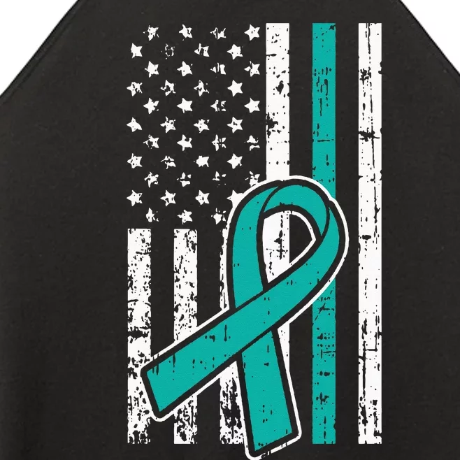 American Flag Teal Ribbon Cool Ovarian Cancer Awareness Gift Women’s Perfect Tri Rocker Tank