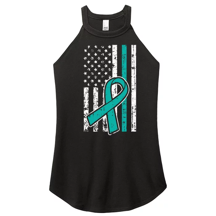 American Flag Teal Ribbon Cool Ovarian Cancer Awareness Gift Women’s Perfect Tri Rocker Tank