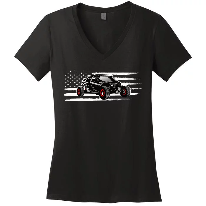 AMERICAN FLAG UTV SIDE BY SIDE SXS OFF ROAD Women's V-Neck T-Shirt