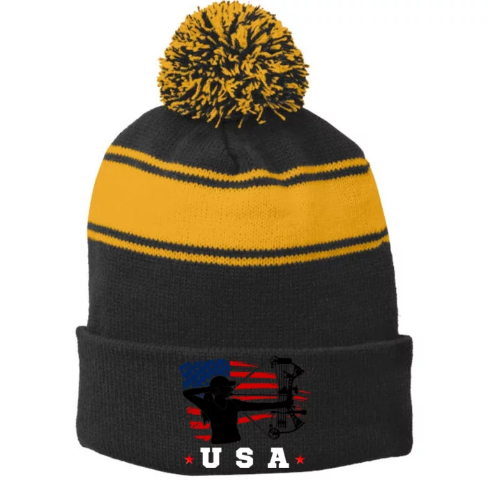 American Flag USA, Patriotic Sports, American Flag Archery Stripe Pom Pom Beanie