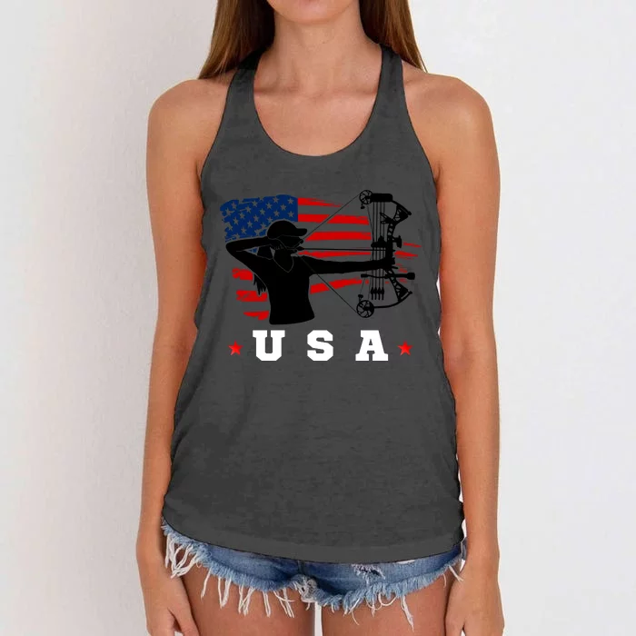 American Flag USA, Patriotic Sports, American Flag Archery Women's Knotted Racerback Tank