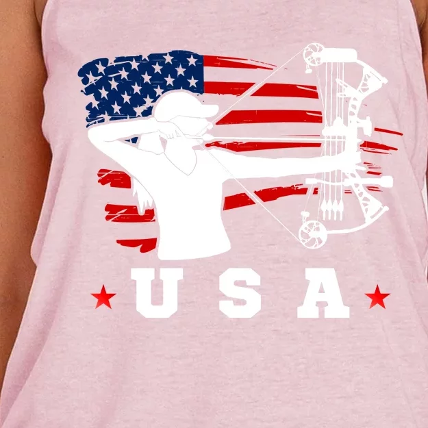 American Flag USA, Patriotic Sports, American Flag Archery, Cute Archery Women's Knotted Racerback Tank