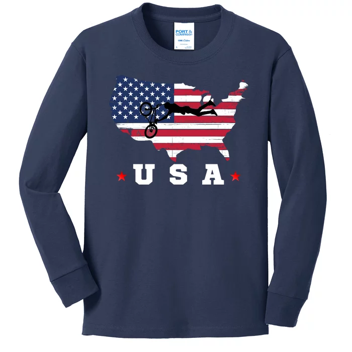 American Flag USA, Patriotic Sports, American Flag BMX Kids Long Sleeve Shirt