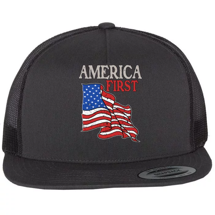 America first USA American patriot flag Memorial Day vintage Flat Bill Trucker Hat