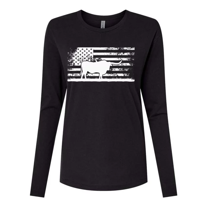 American Flag USA Texas Longhorn Cow For Cattle Farmer Womens Cotton Relaxed Long Sleeve T-Shirt