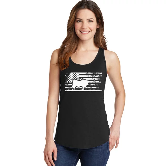 American Flag USA Texas Longhorn Cow For Cattle Farmer Ladies Essential Tank