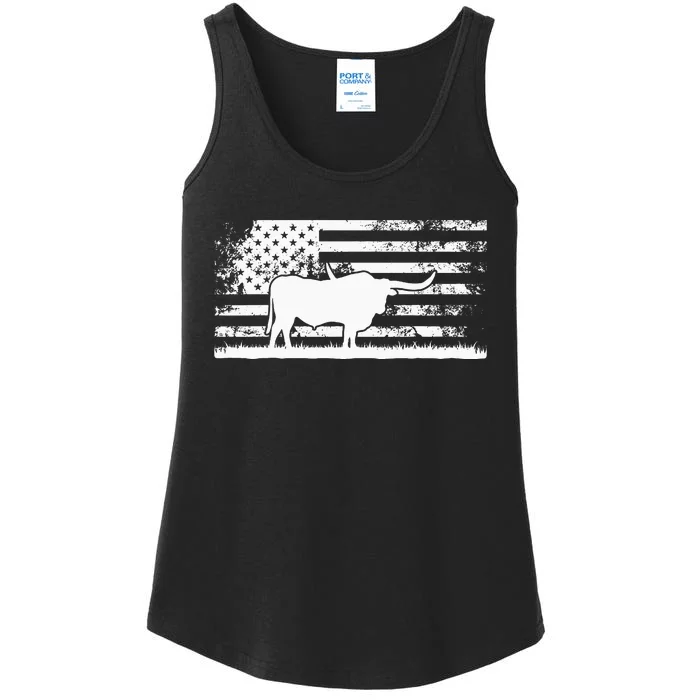 American Flag USA Texas Longhorn Cow For Cattle Farmer Ladies Essential Tank