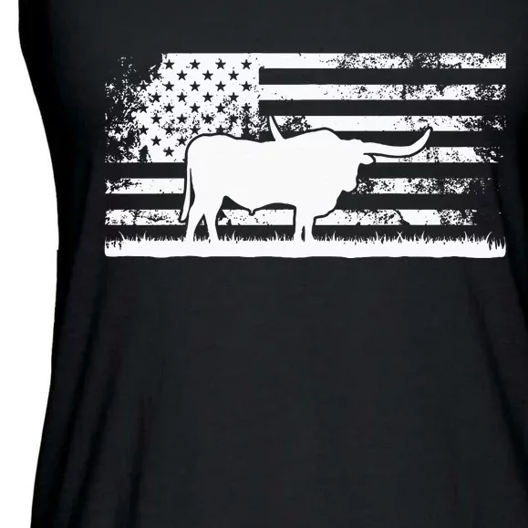 American Flag USA Texas Longhorn Cow For Cattle Farmer Ladies Essential Flowy Tank