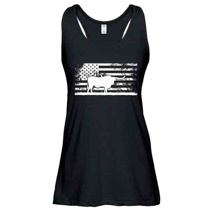 American Flag USA Texas Longhorn Cow For Cattle Farmer Ladies Essential Flowy Tank