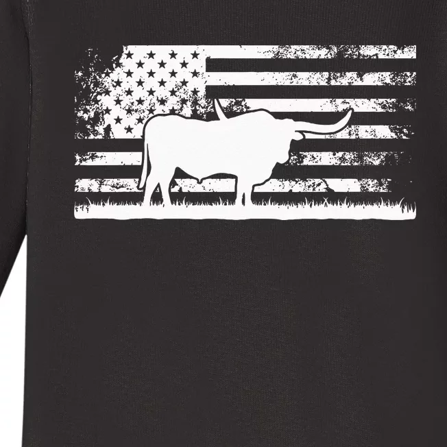 American Flag USA Texas Longhorn Cow For Cattle Farmer Baby Long Sleeve Bodysuit